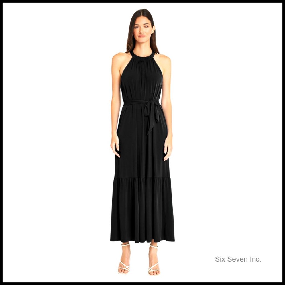 Casual Sleeveless Halter Maxi Dress With Waist Tie